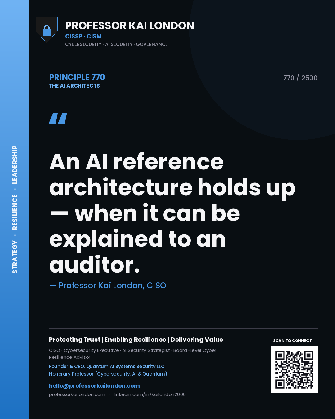 Quote card by Professor Kai London reading 'An AI reference architecture holds up — when it can be explained to an auditor.'. From the book The AI Architects.
