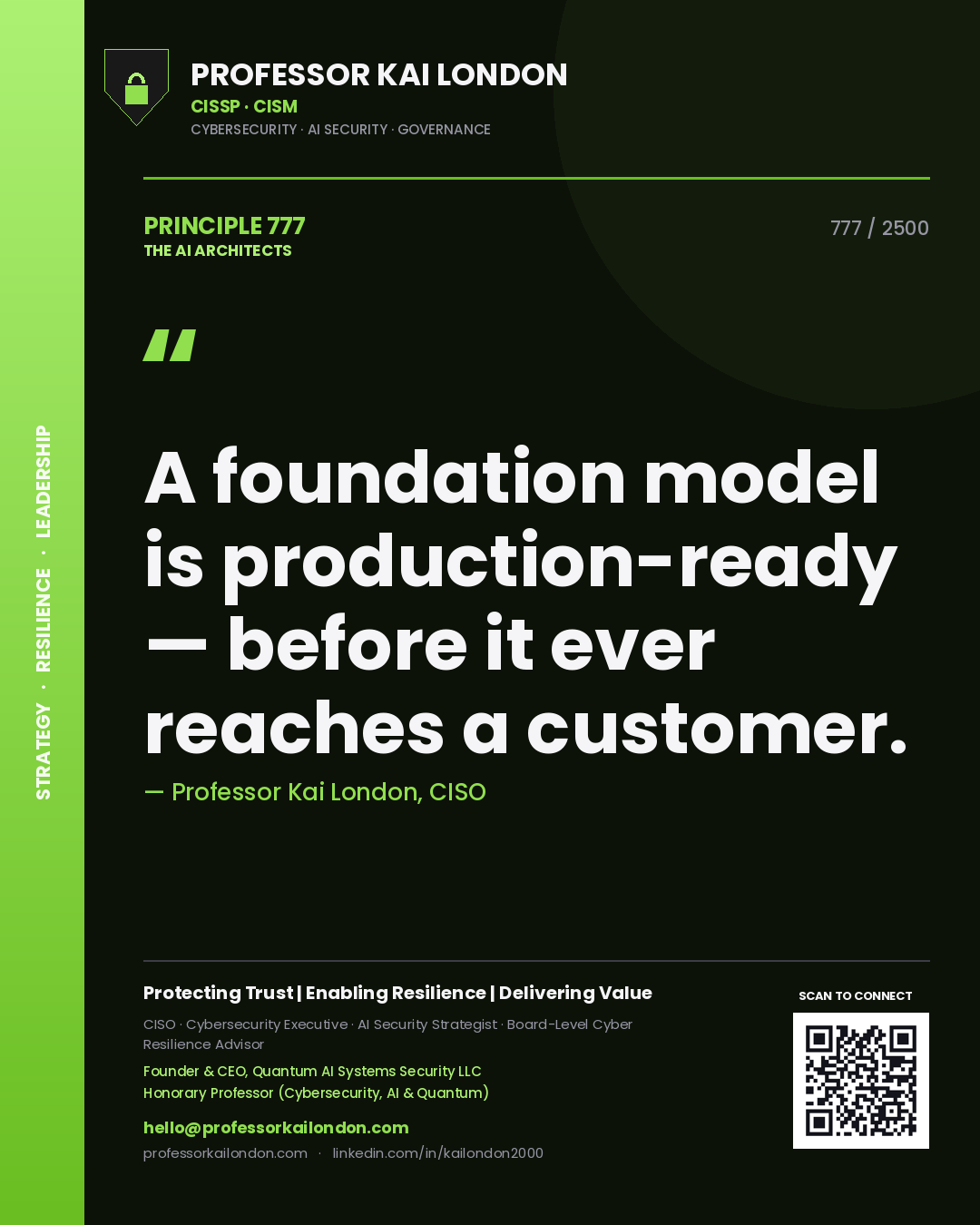 Quote card by Professor Kai London reading 'A foundation model is production-ready — before it ever reaches a customer.'. From the book The AI Architects.