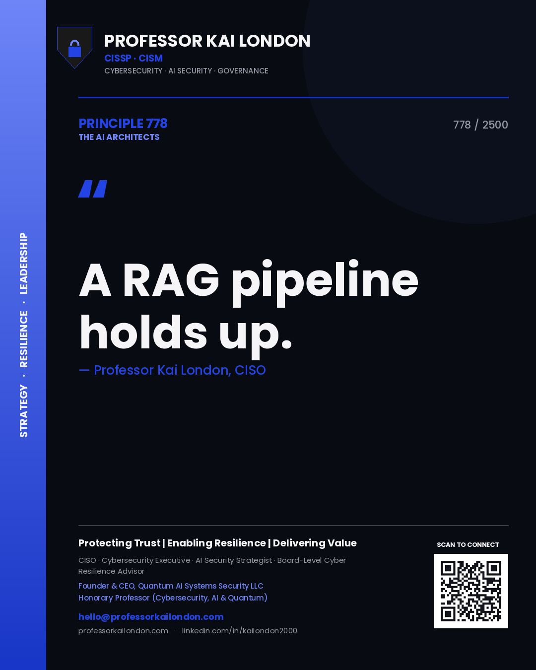 Quote card by Professor Kai London reading 'A RAG pipeline holds up.'. From the book The AI Architects.