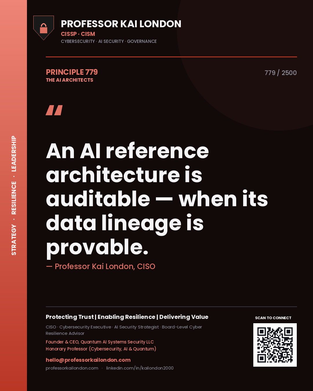 Quote card by Professor Kai London reading 'An AI reference architecture is auditable — when its data lineage is provable.'. From the book The AI Architects.