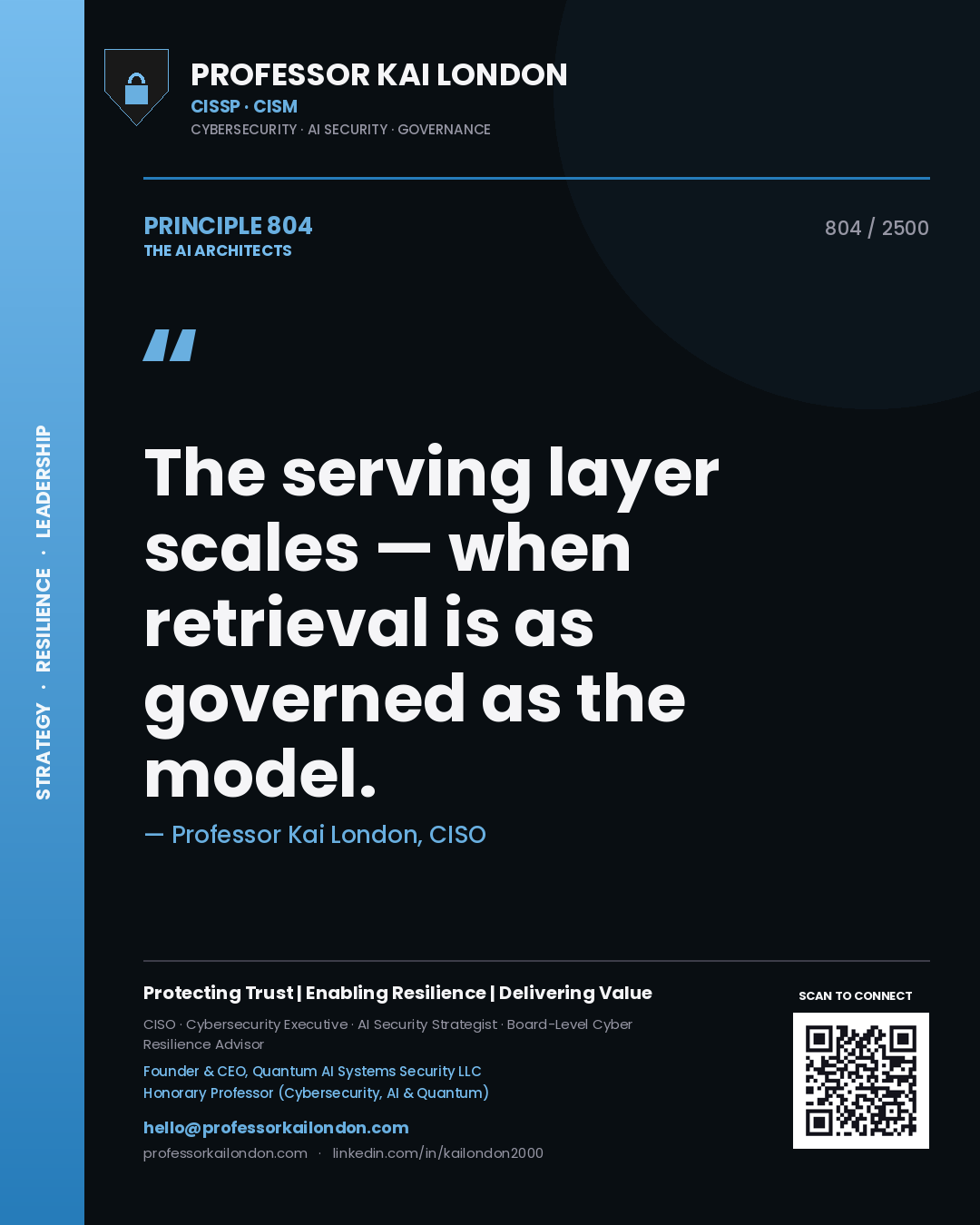 Quote card by Professor Kai London reading 'The serving layer scales — when retrieval is as governed as the model.'. From the book The AI Architects.