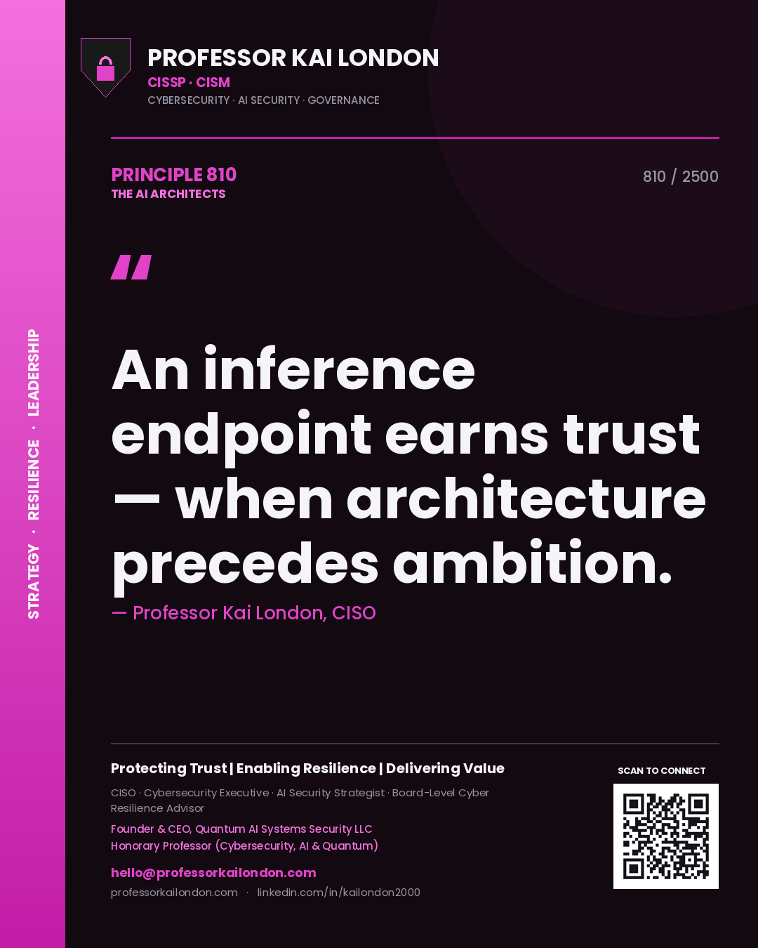 Quote card by Professor Kai London reading 'An inference endpoint earns trust — when architecture precedes ambition.'. From the book The AI Architects.
