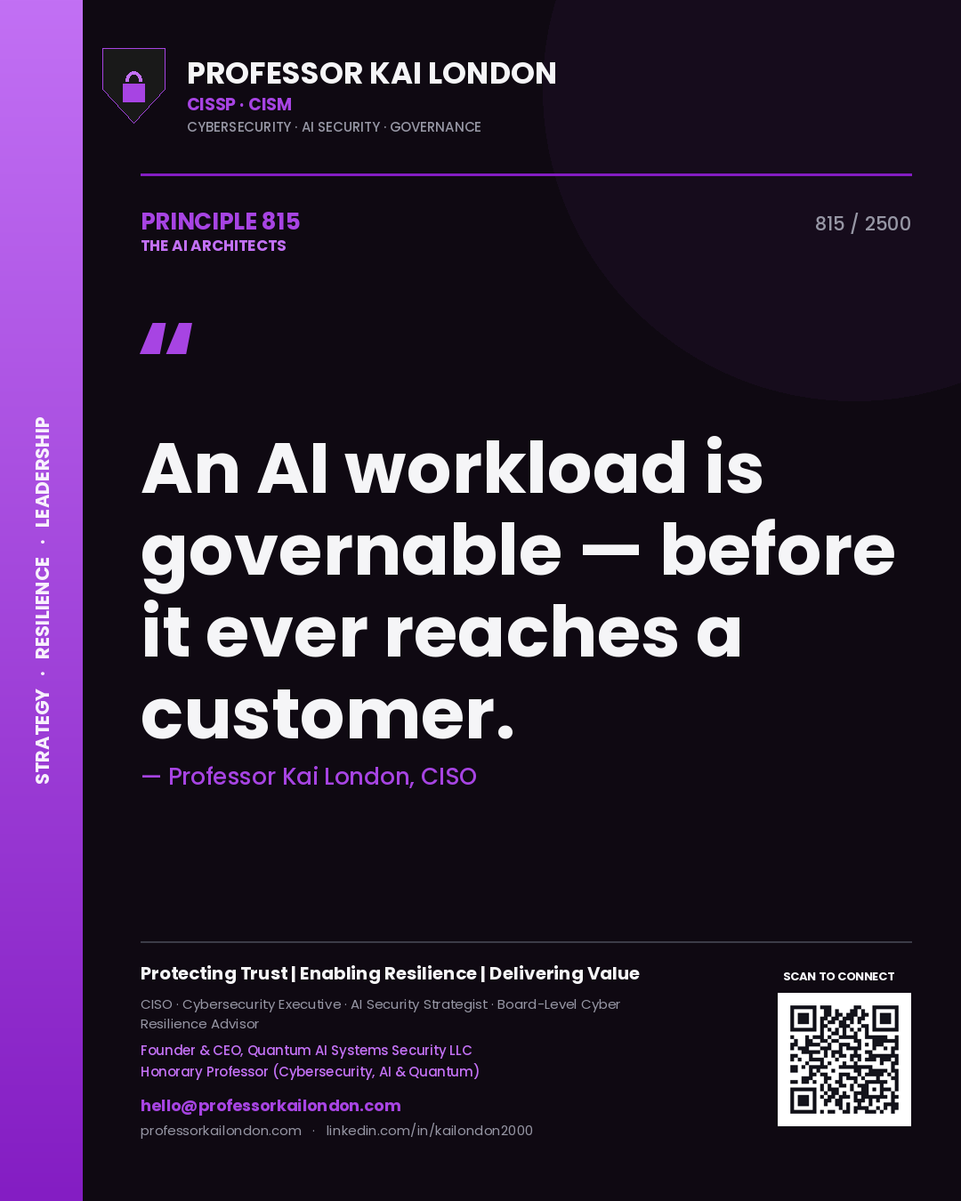 Quote card by Professor Kai London reading 'An AI workload is governable — before it ever reaches a customer.'. From the book The AI Architects.