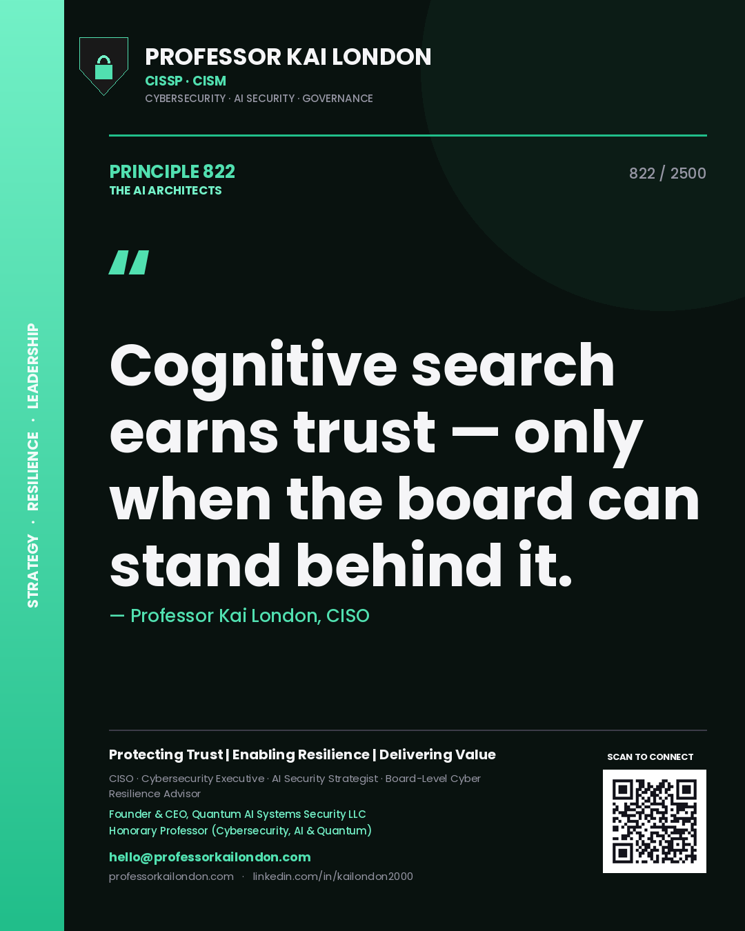 Quote card by Professor Kai London reading 'Cognitive search earns trust — only when the board can stand behind it.'. From the book The AI Architects.