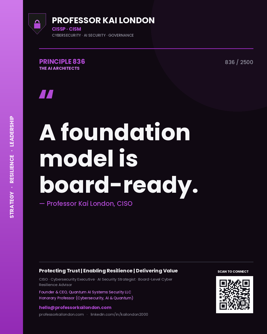 Quote card by Professor Kai London reading 'A foundation model is board-ready.'. From the book The AI Architects.