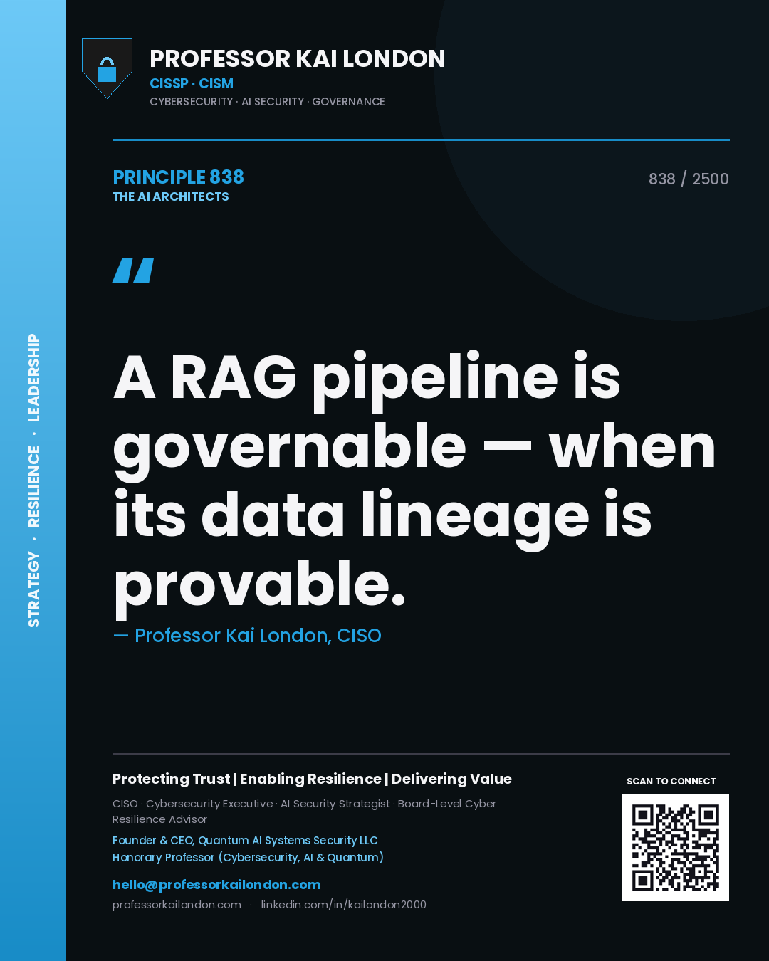 Quote card by Professor Kai London reading 'A RAG pipeline is governable — when its data lineage is provable.'. From the book The AI Architects.