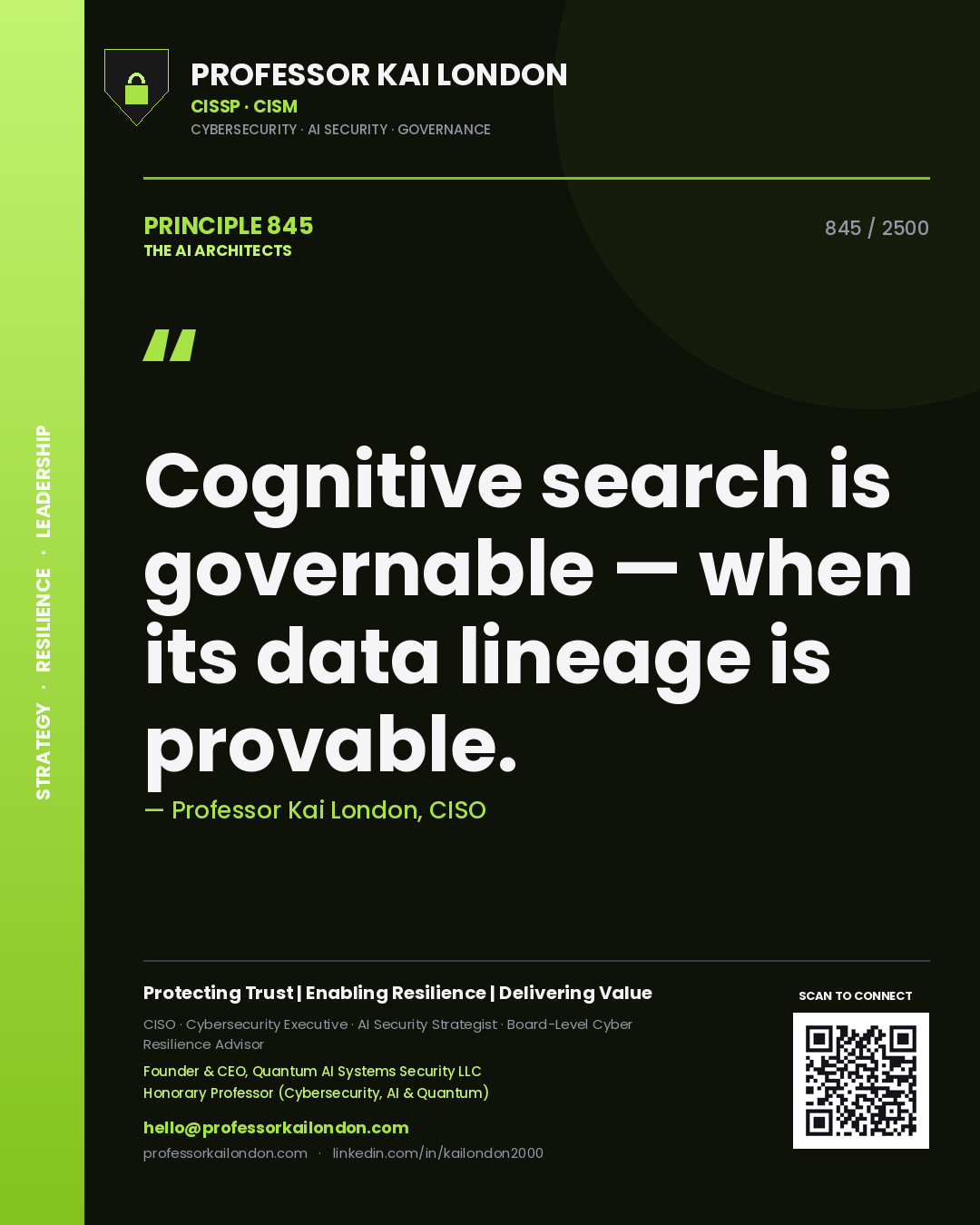 Quote card by Professor Kai London reading 'Cognitive search is governable — when its data lineage is provable.'. From the book The AI Architects.