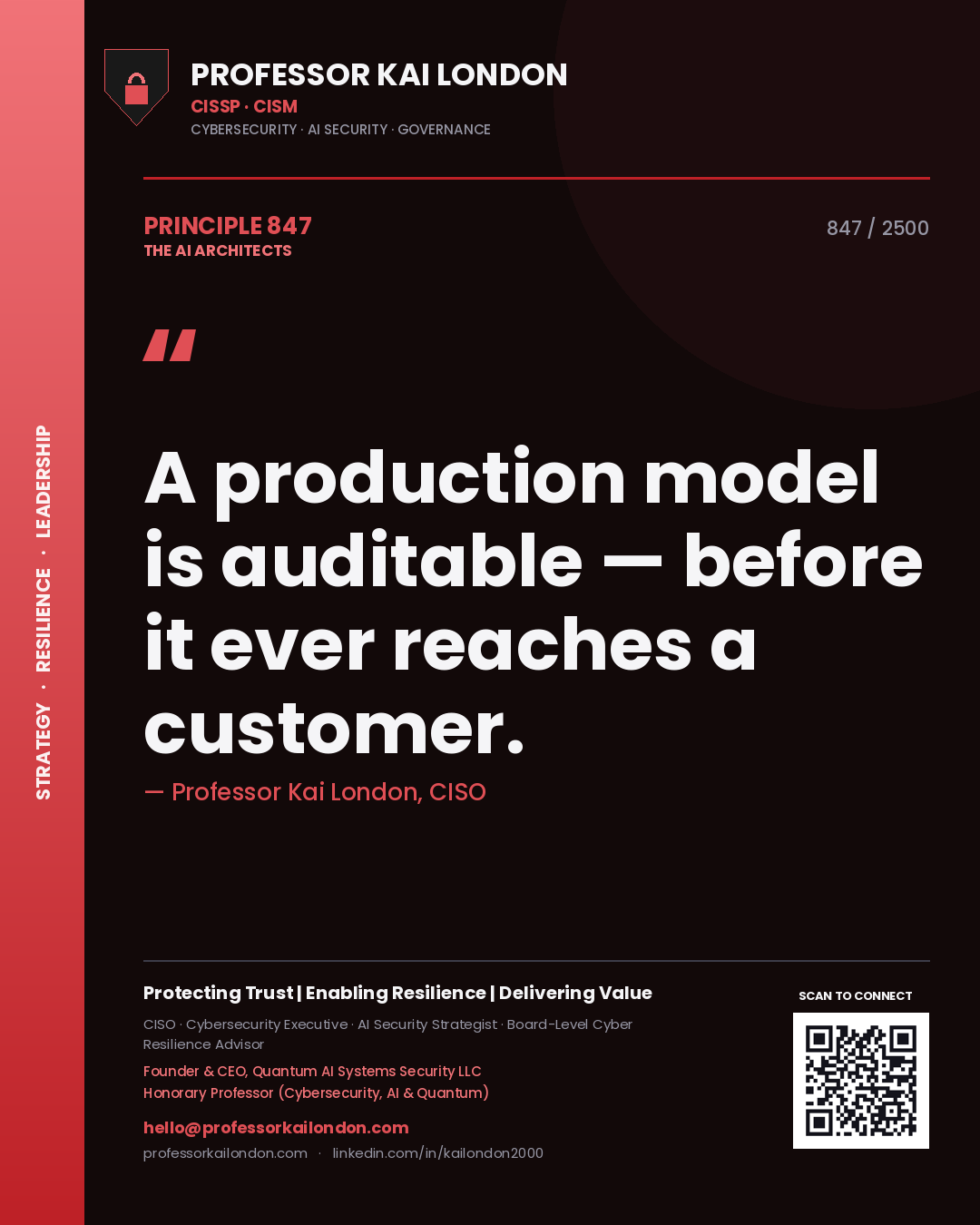 Quote card by Professor Kai London reading 'A production model is auditable — before it ever reaches a customer.'. From the book The AI Architects.