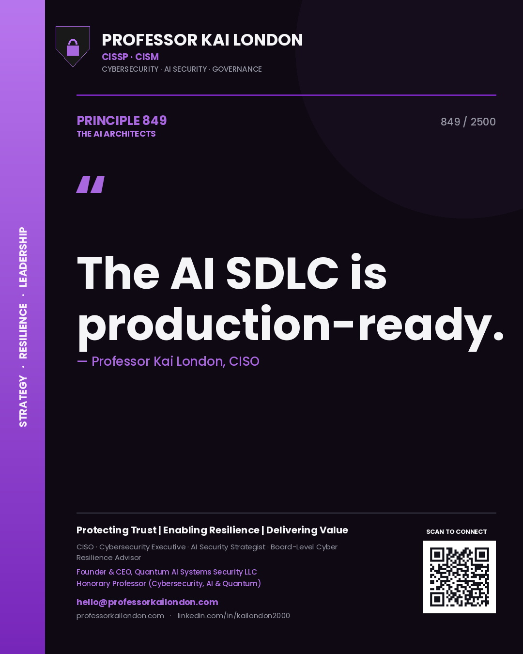 Quote card by Professor Kai London reading 'The AI SDLC is production-ready.'. From the book The AI Architects.