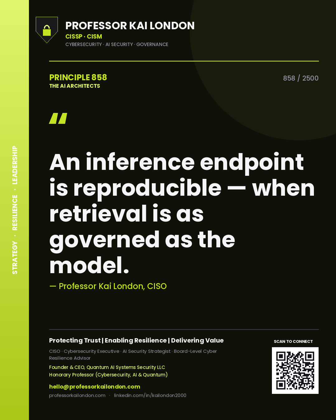 Quote card by Professor Kai London reading 'An inference endpoint is reproducible — when retrieval is as governed as the model.'. From the book The AI Architects.