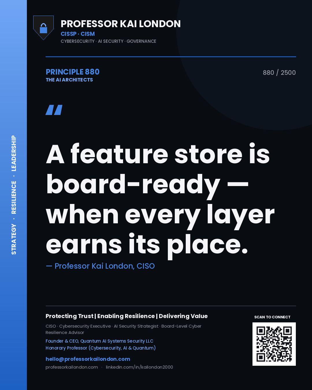 Quote card by Professor Kai London reading 'A feature store is board-ready — when every layer earns its place.'. From the book The AI Architects.
