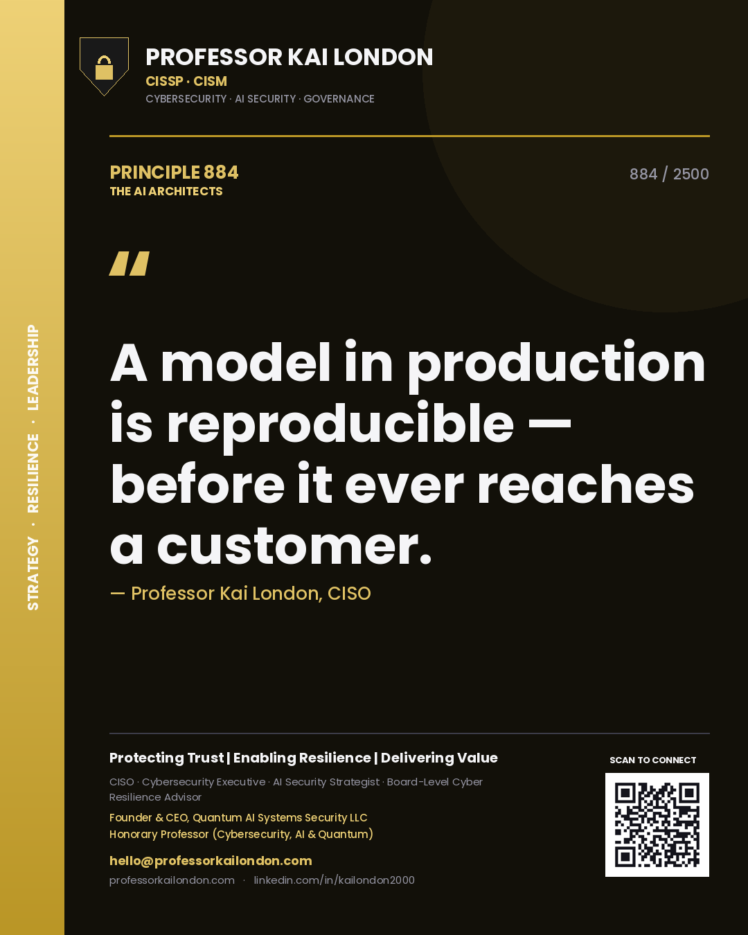 Quote card by Professor Kai London reading 'A model in production is reproducible — before it ever reaches a customer.'. From the book The AI Architects.