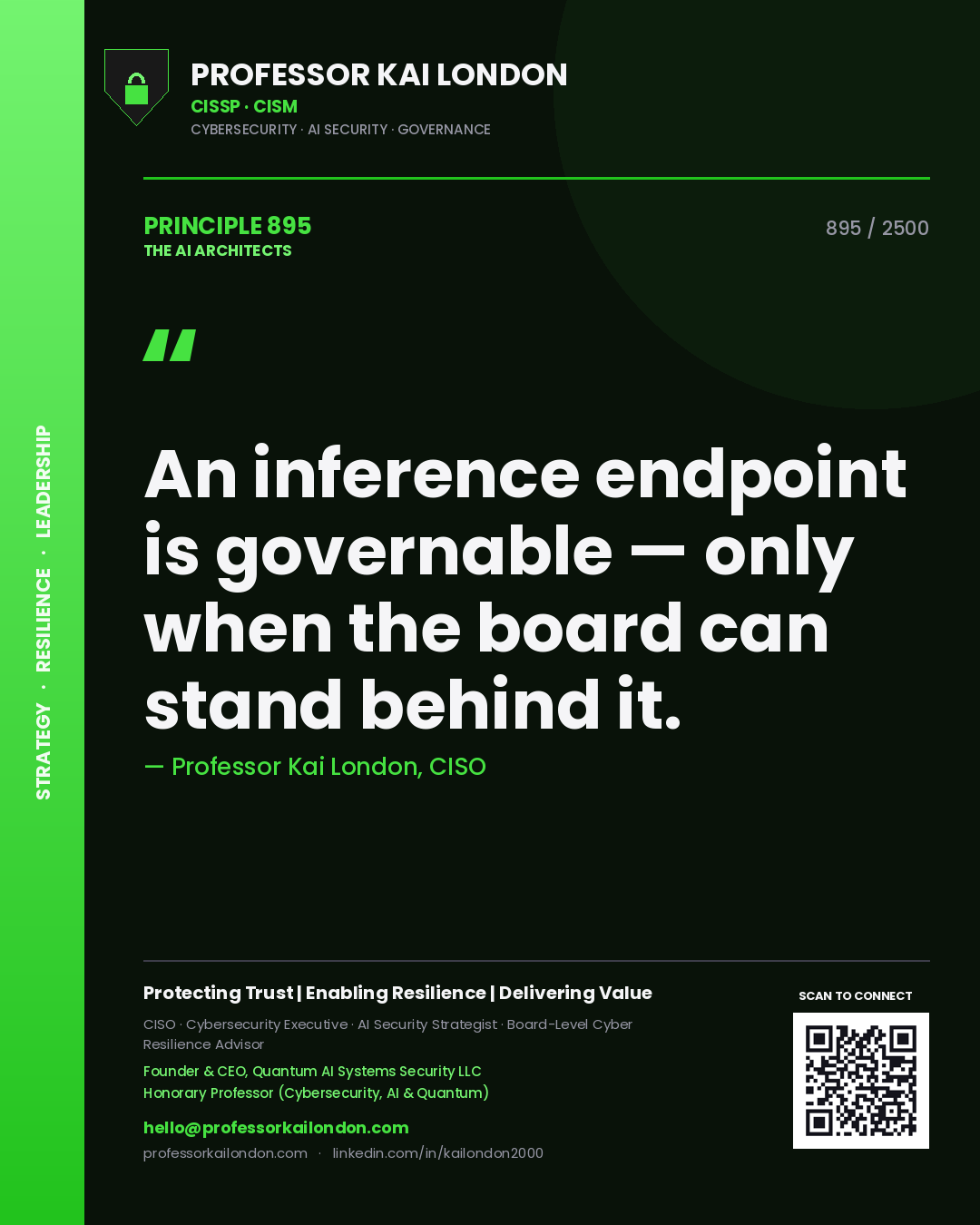 Quote card by Professor Kai London reading 'An inference endpoint is governable — only when the board can stand behind it.'. From the book The AI Architects.