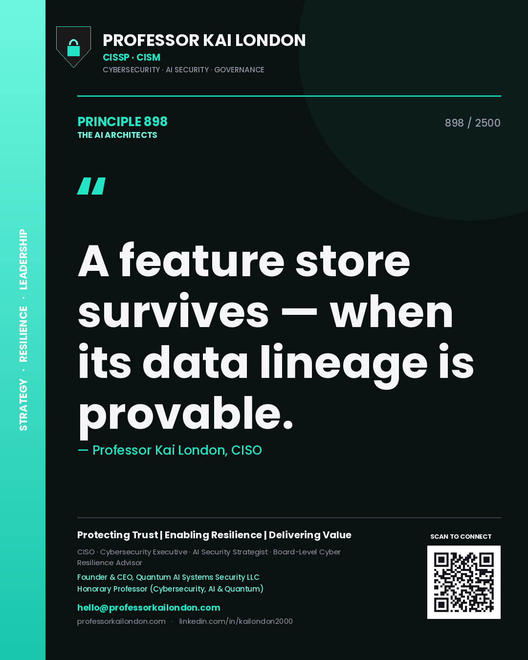 Quote card by Professor Kai London reading 'A feature store survives — when its data lineage is provable.'. From the book The AI Architects.