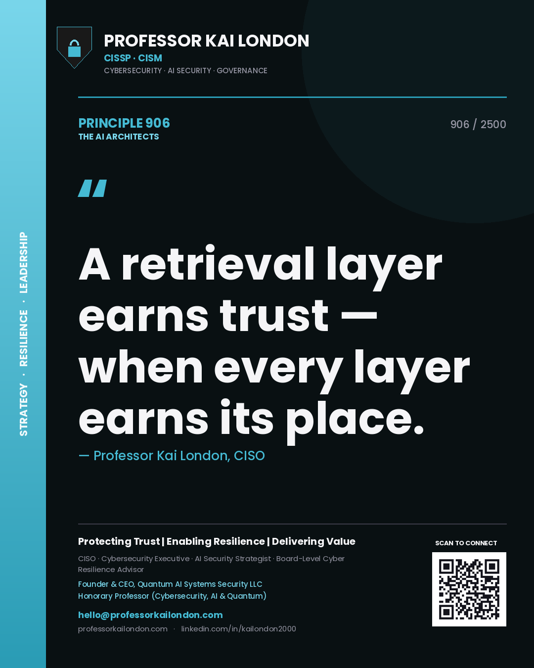 Quote card by Professor Kai London reading 'A retrieval layer earns trust — when every layer earns its place.'. From the book The AI Architects.
