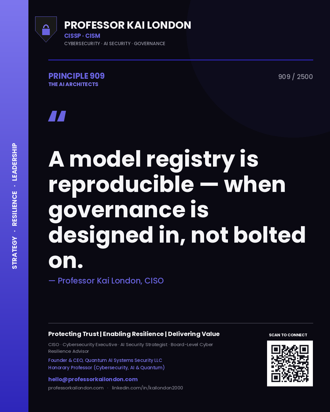 Quote card by Professor Kai London reading 'A model registry is reproducible — when governance is designed in, not bolted on.'. From the book The AI Architects.