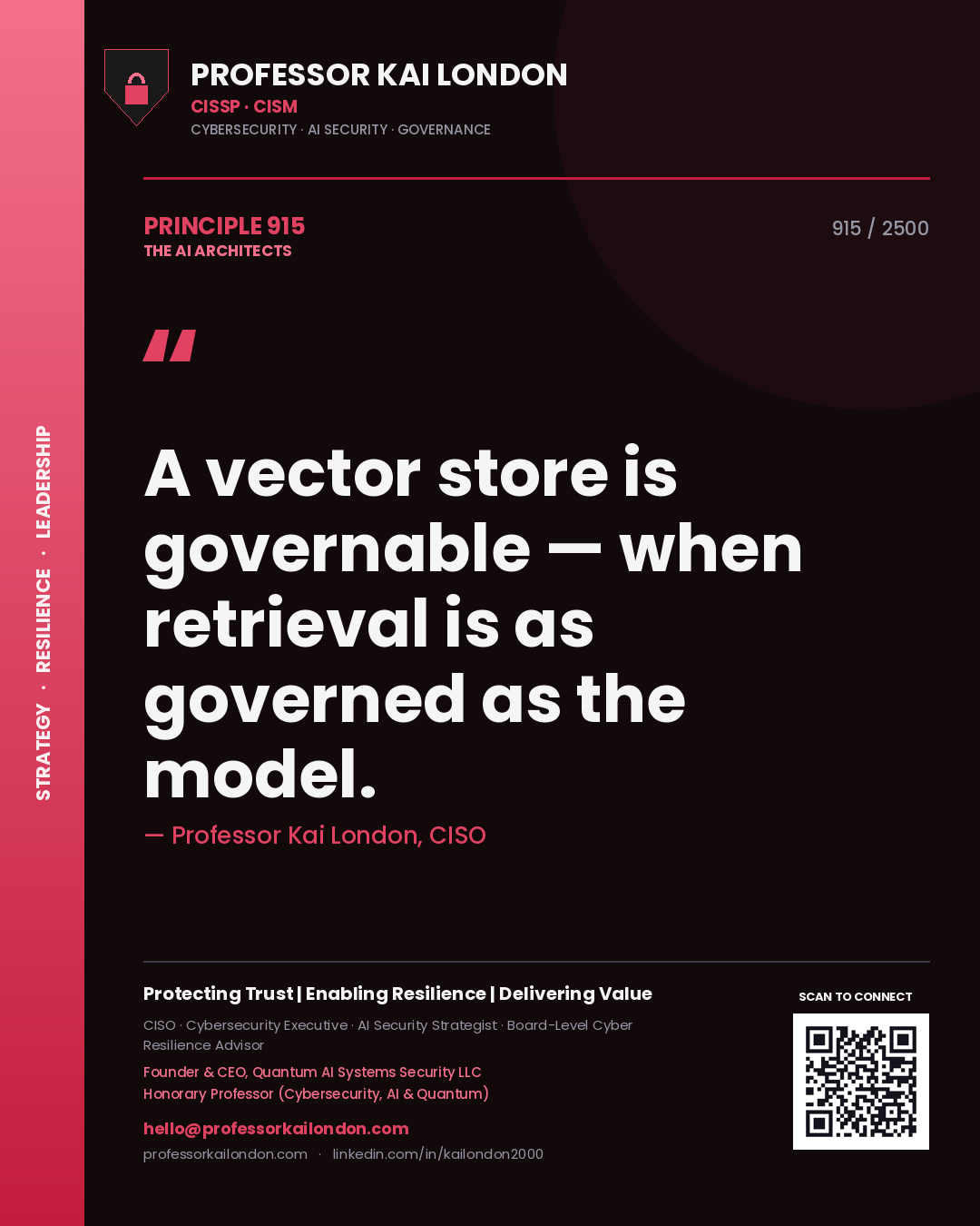 Quote card by Professor Kai London reading 'A vector store is governable — when retrieval is as governed as the model.'. From the book The AI Architects.