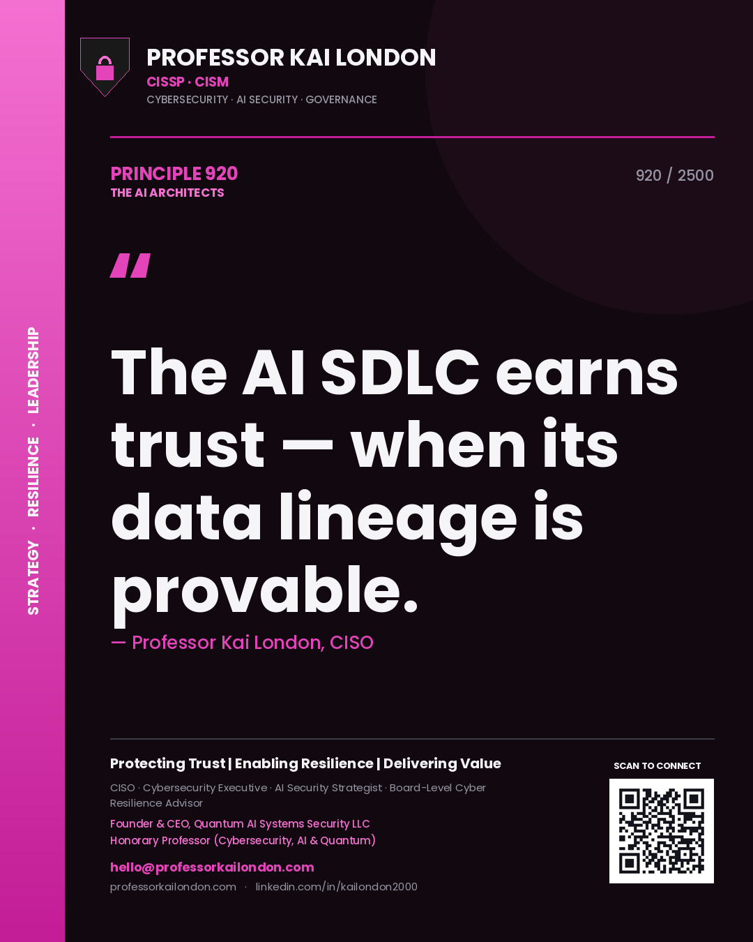 Quote card by Professor Kai London reading 'The AI SDLC earns trust — when its data lineage is provable.'. From the book The AI Architects.