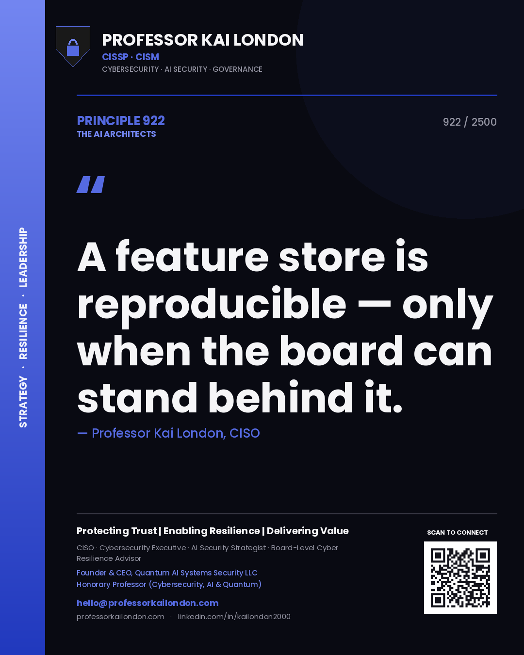 Professor Kai London principle 922: A feature store is reproducible — only when the board can stand behind it.