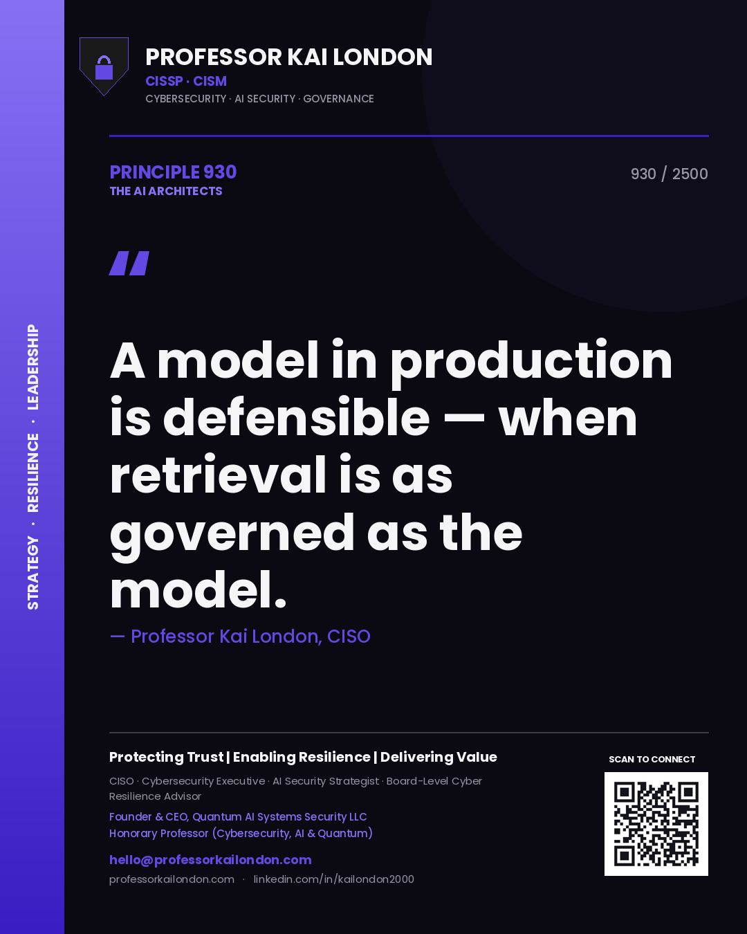 Professor Kai London principle 930: A model in production is defensible — when retrieval is as governed as the model.