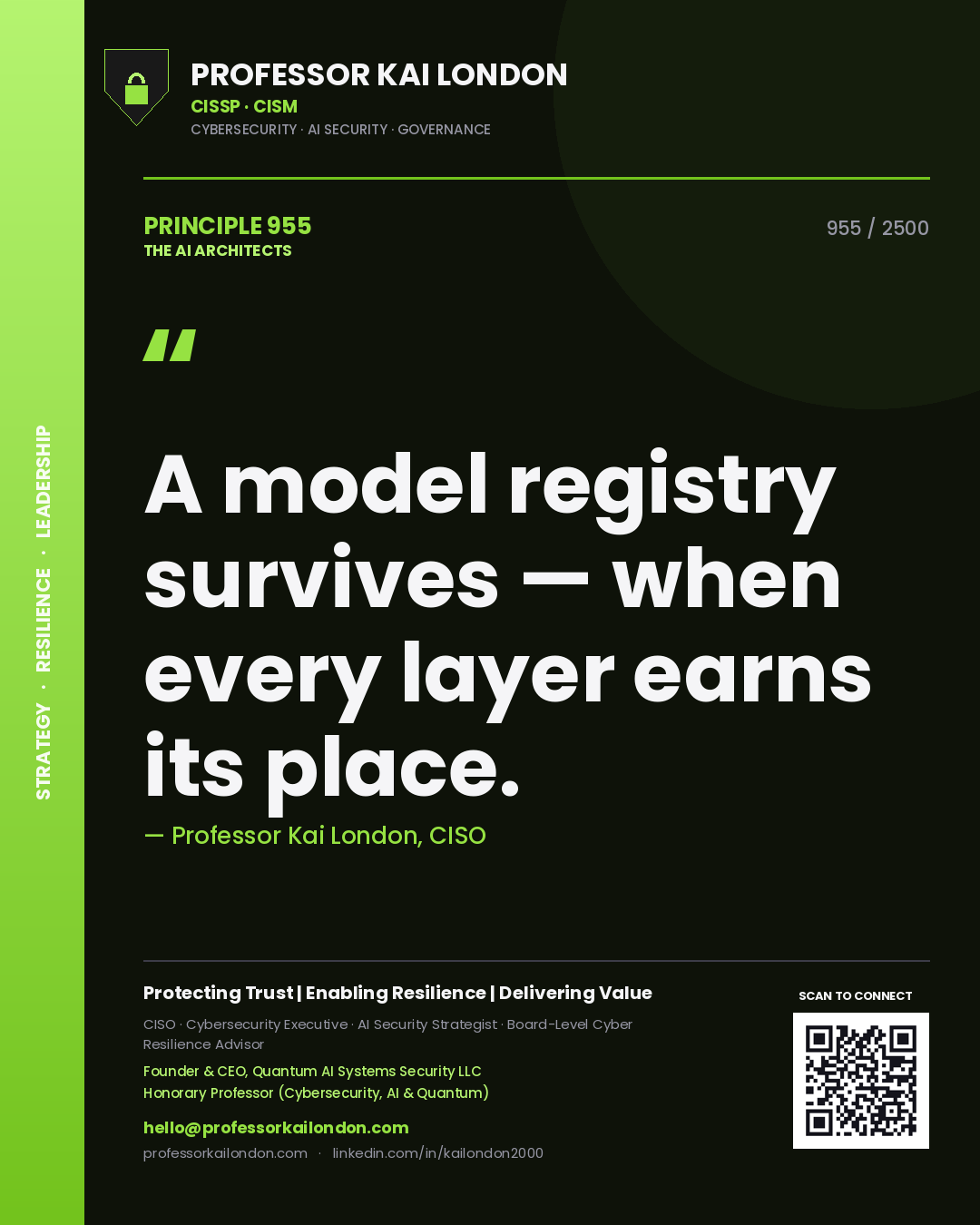 Quote card by Professor Kai London reading 'A model registry survives — when every layer earns its place.'. From the book The AI Architects.