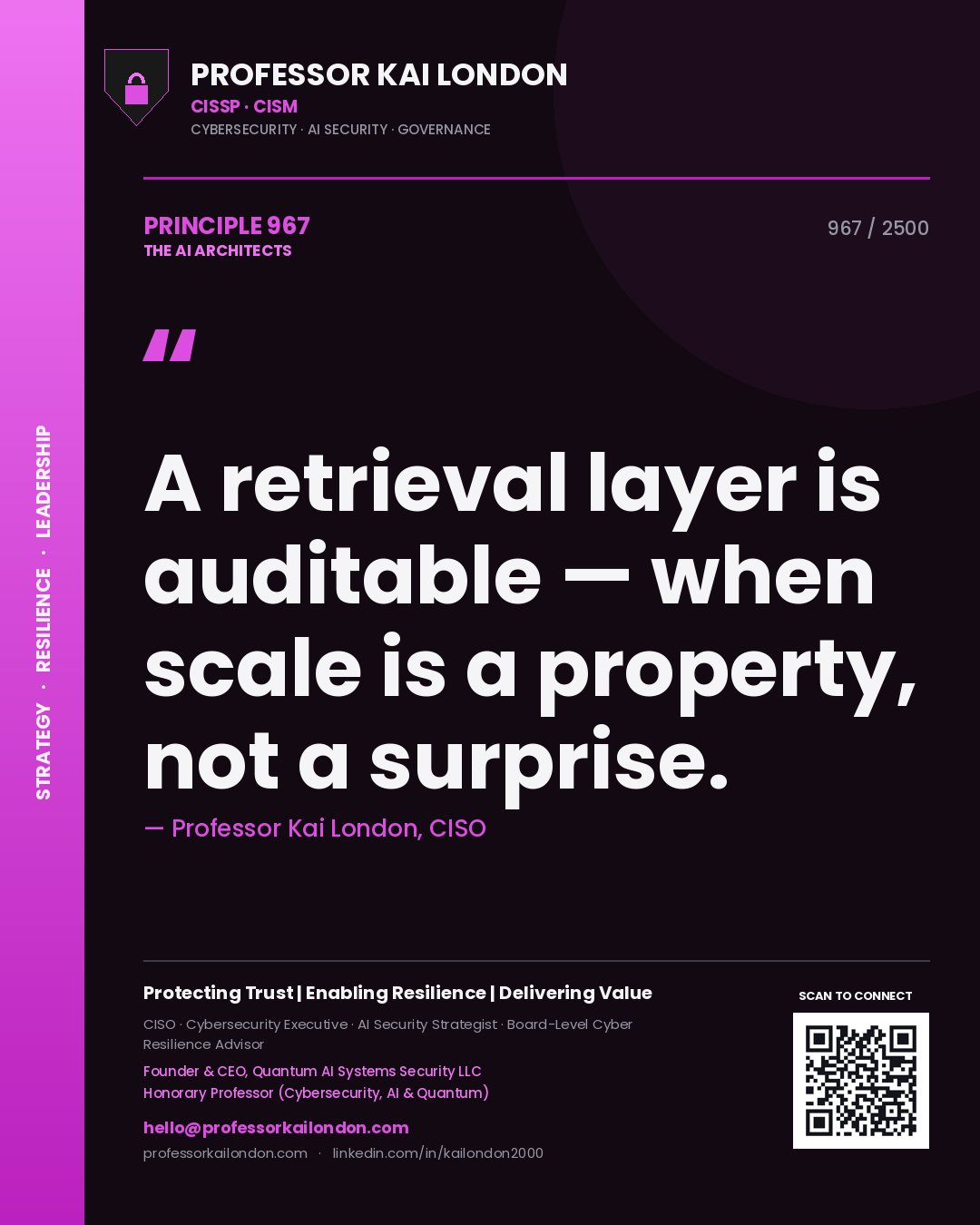 Professor Kai London principle 967: A retrieval layer is auditable — when scale is a property, not a surprise.
