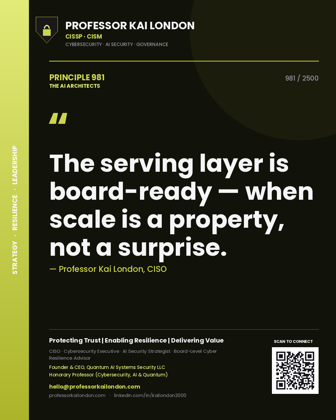 Quote card by Professor Kai London reading 'The serving layer is board-ready — when scale is a property, not a surprise.'. From the book The AI Architects.