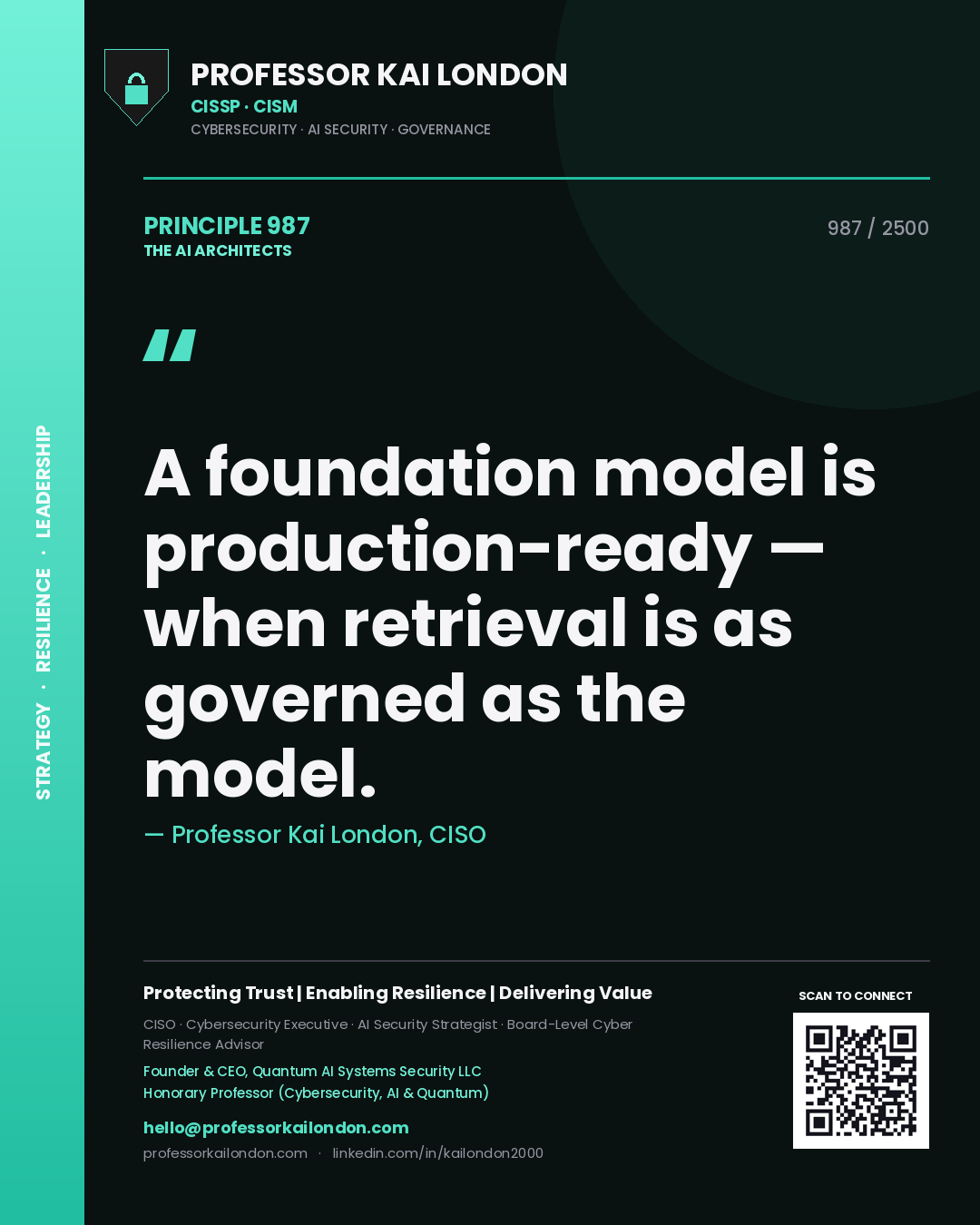 Quote card by Professor Kai London reading 'A foundation model is production-ready — when retrieval is as governed as the model.'. From the book The AI Architects.