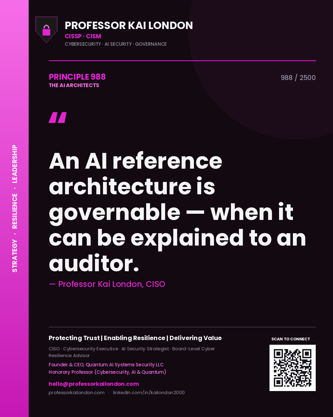 Quote card by Professor Kai London reading 'An AI reference architecture is governable — when it can be explained to an auditor.'. From the book The AI Architects.