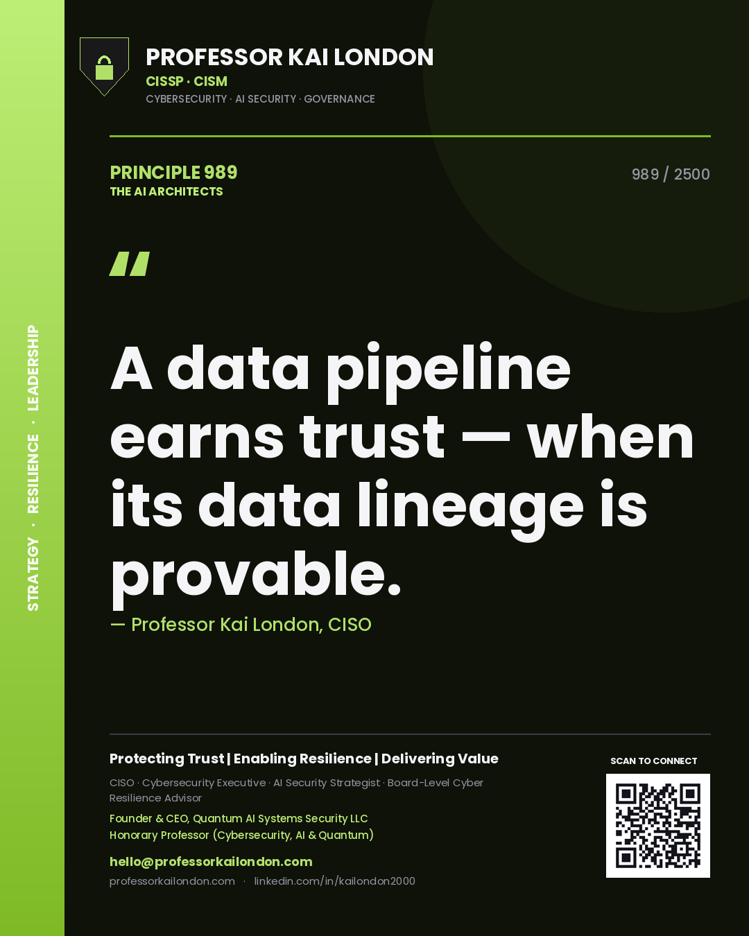 Professor Kai London principle 989: A data pipeline earns trust — when its data lineage is provable.