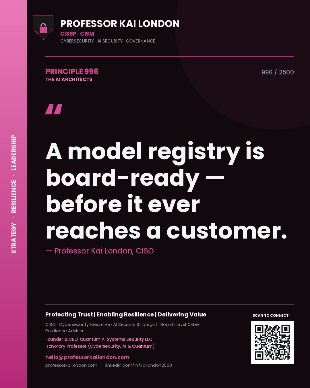 Professor Kai London principle 996: A model registry is board-ready — before it ever reaches a customer.