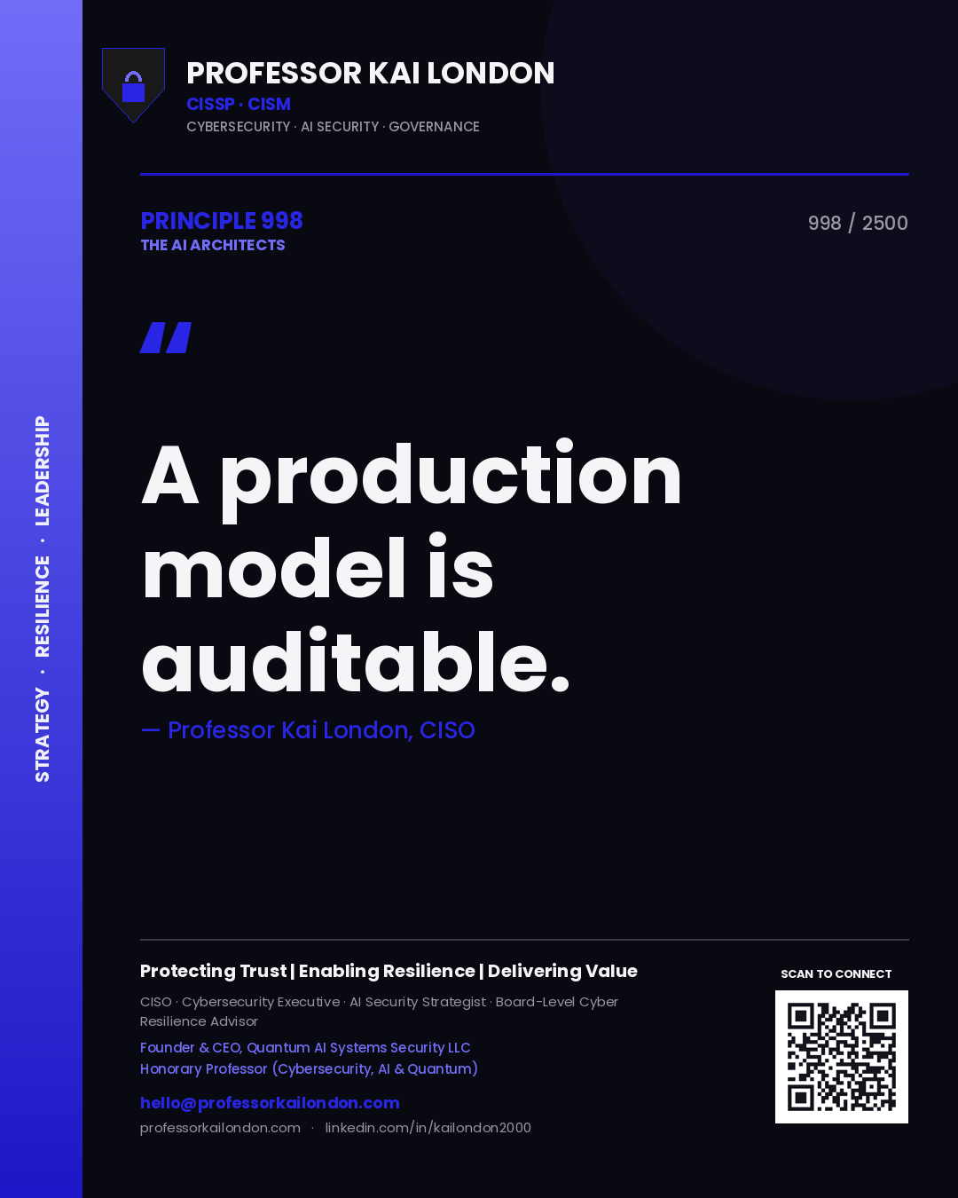 Quote card by Professor Kai London reading 'A production model is auditable.'. From the book The AI Architects.