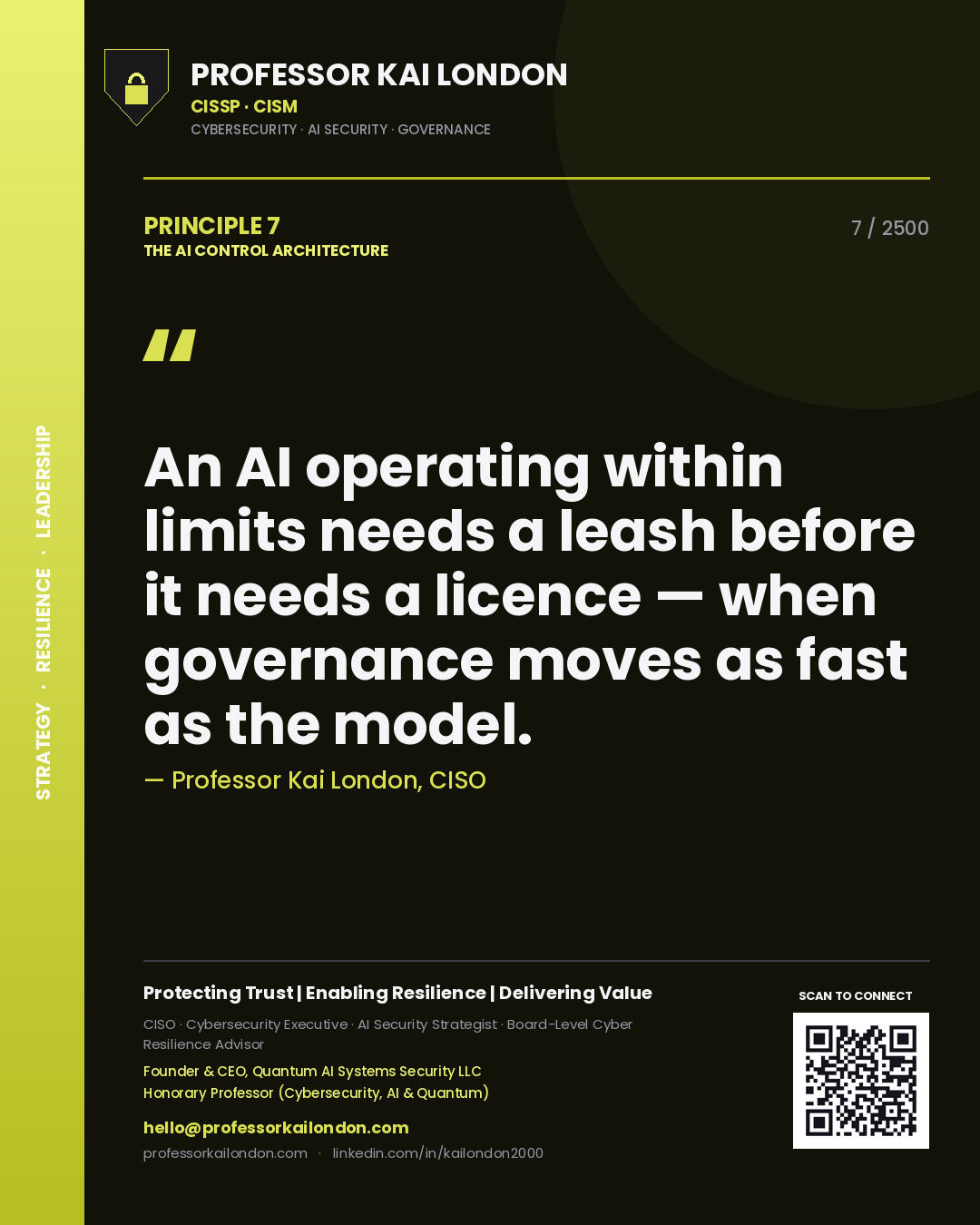 Quote card by Professor Kai London reading 'An AI operating within limits needs a leash before it needs a licence — when governance moves as fast as the model.'. From the book The AI Control Architecture.