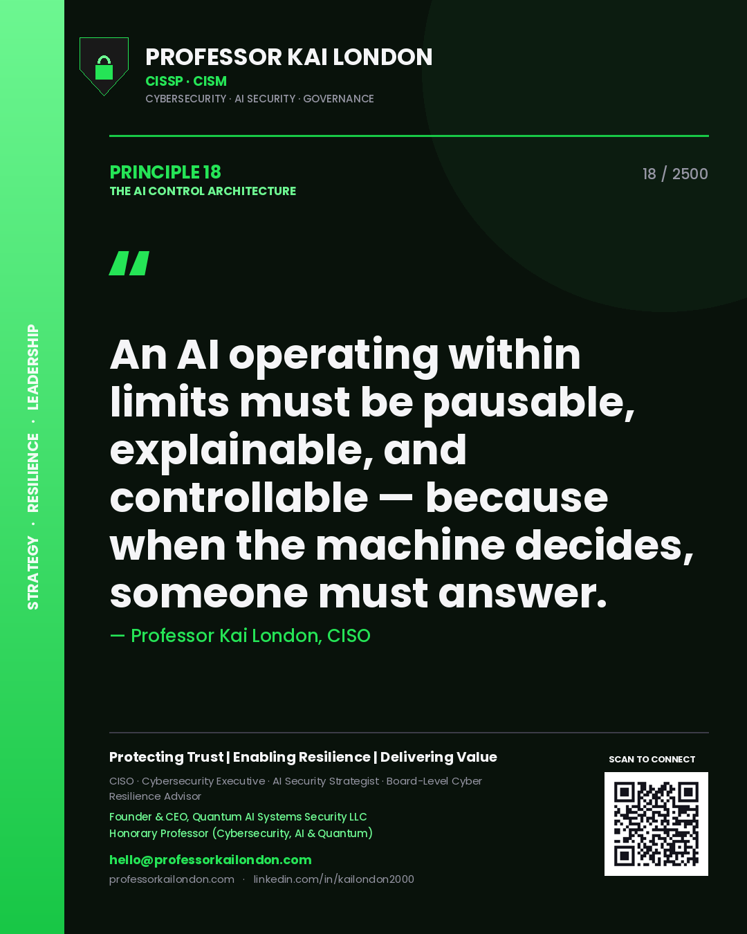 Professor Kai London principle 18: An AI operating within limits must be pausable, explainable, and controllable — because when the machine decides, someone must answer.
