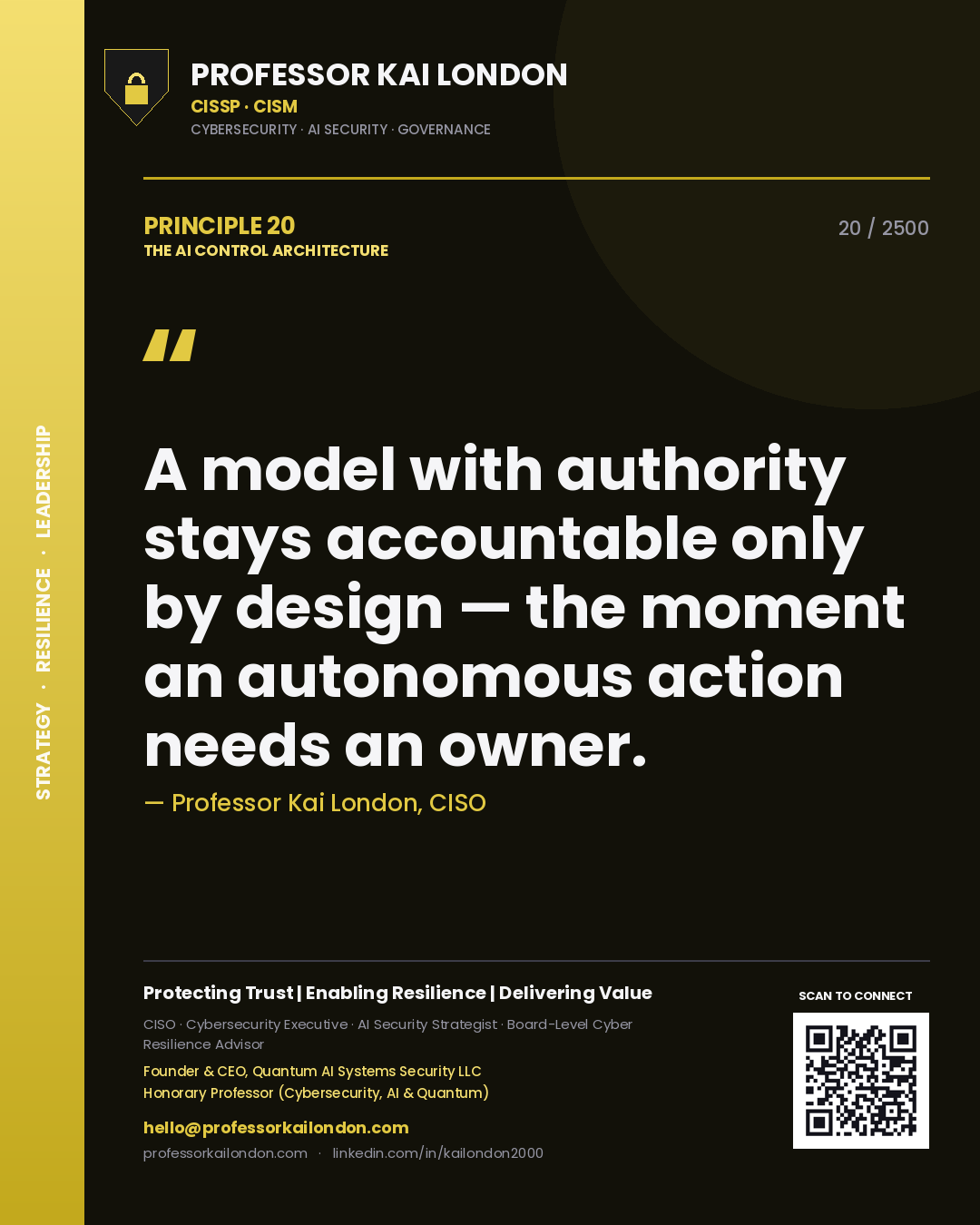 Quote card by Professor Kai London reading 'A model with authority stays accountable only by design — the moment an autonomous action needs an owner.'. From the book The AI Control Architecture.