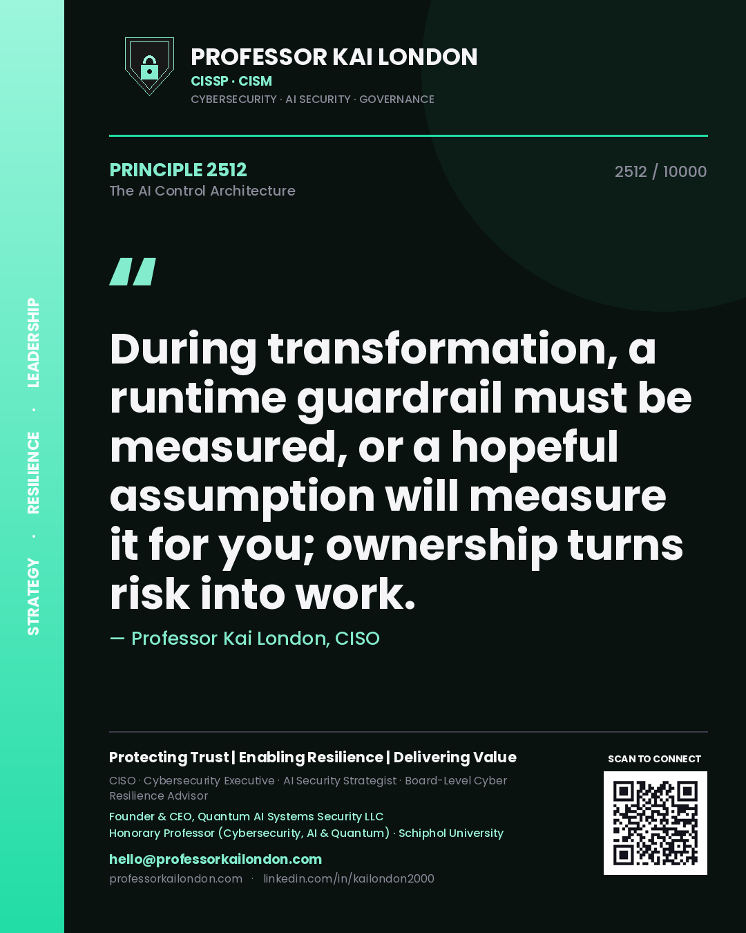 Quote card by Professor Kai London reading 'During transformation, a runtime guardrail must be measured, or a hopeful assumption will measure it for you; ownership turns risk into work.'. From the book The AI Control Architecture.