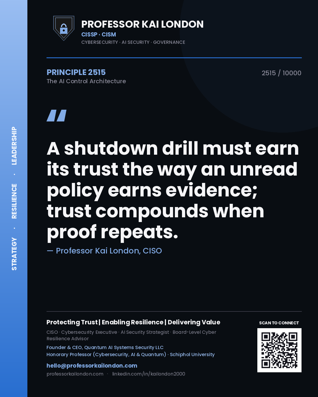Quote card by Professor Kai London reading 'A shutdown drill must earn its trust the way an unread policy earns evidence; trust compounds when proof repeats.'. From the book The AI Control Architecture.