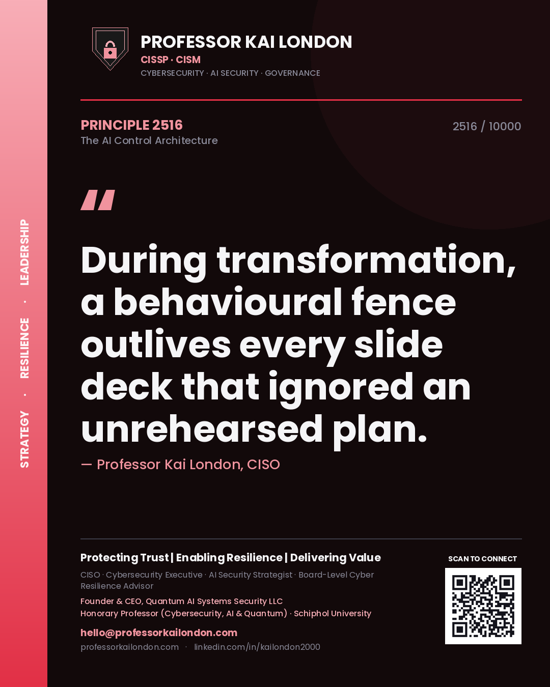 Quote card by Professor Kai London reading 'During transformation, a behavioural fence outlives every slide deck that ignored an unrehearsed plan.'. From the book The AI Control Architecture.