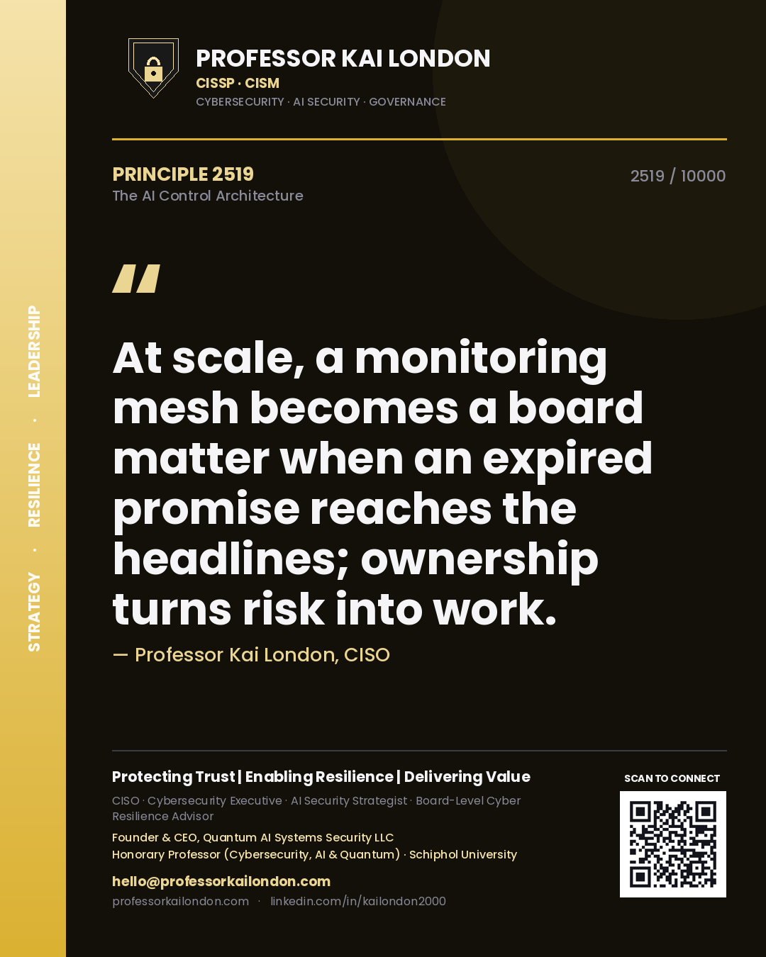 Professor Kai London principle 2519: At scale, a monitoring mesh becomes a board matter when an expired promise reaches the headlines; ownership turns risk into work.