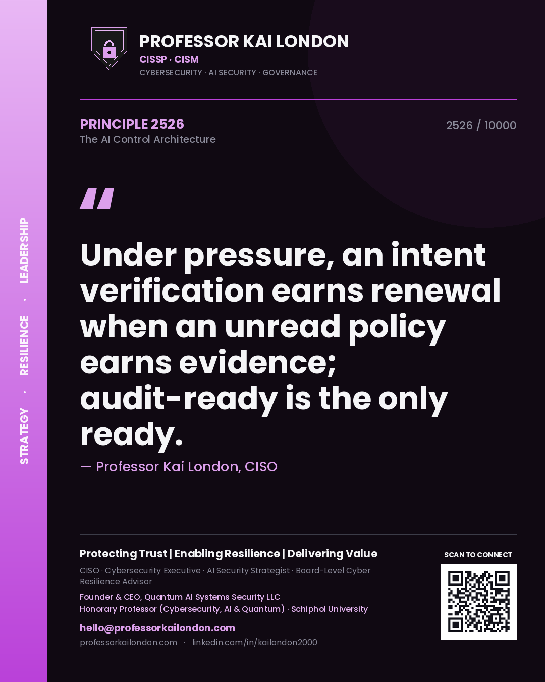 Quote card by Professor Kai London reading 'Under pressure, an intent verification earns renewal when an unread policy earns evidence; audit-ready is the only ready.'. From the book The AI Control Architecture.