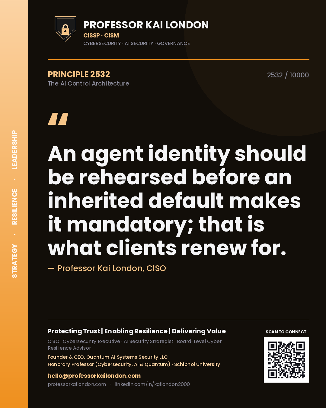 Quote card by Professor Kai London reading 'An agent identity should be rehearsed before an inherited default makes it mandatory; that is what clients renew for.'. From the book The AI Control Architecture.