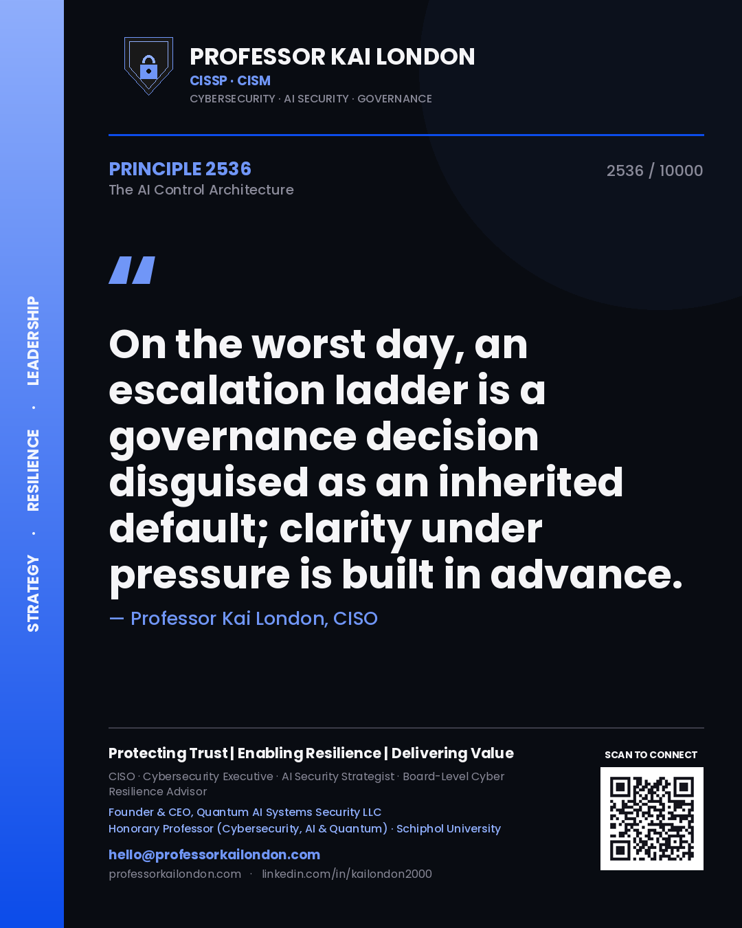 Professor Kai London principle 2536: On the worst day, an escalation ladder is a governance decision disguised as an inherited default; clarity under pressure is built in advance.