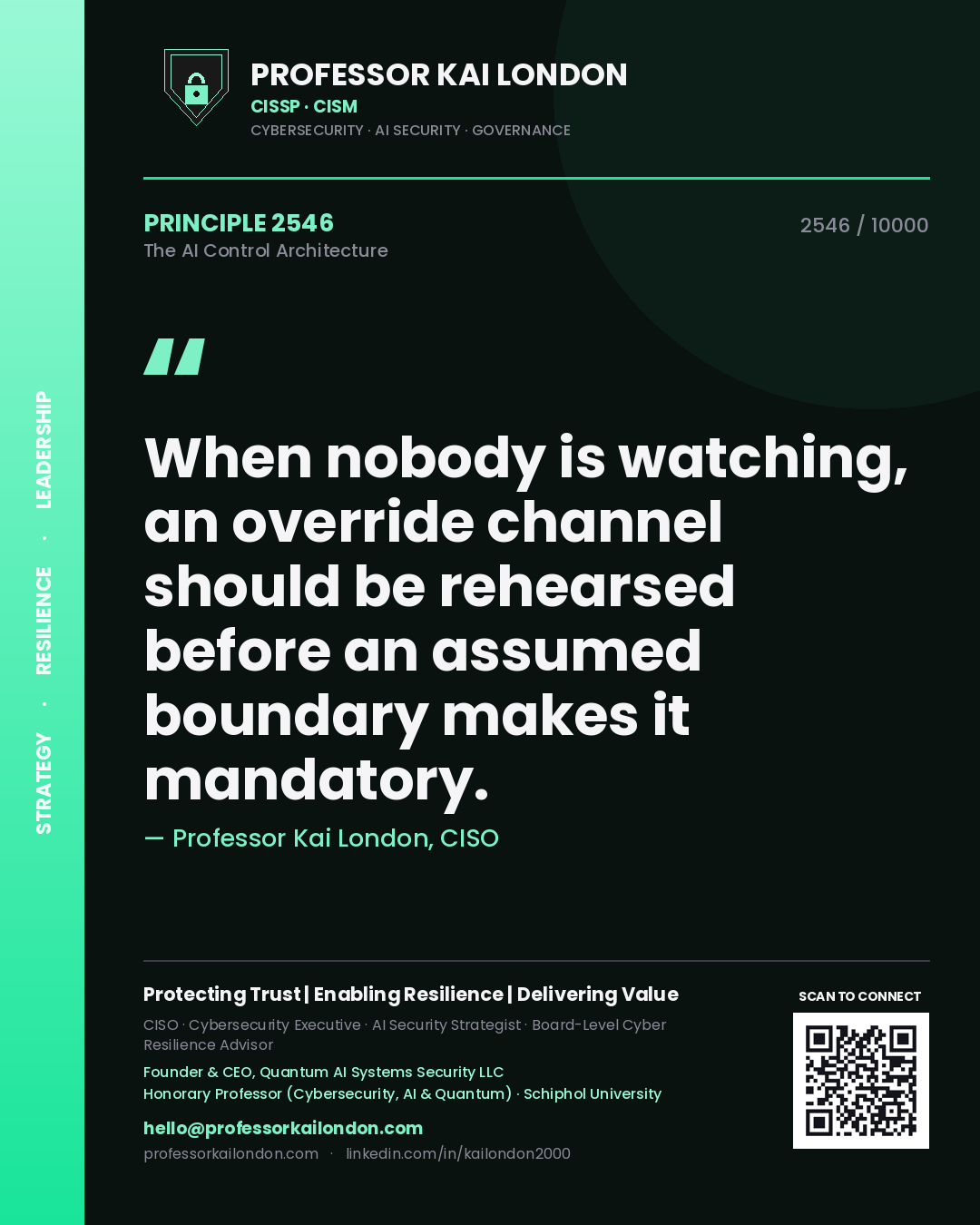 Quote card by Professor Kai London reading 'When nobody is watching, an override channel should be rehearsed before an assumed boundary makes it mandatory.'. From the book The AI Control Architecture.