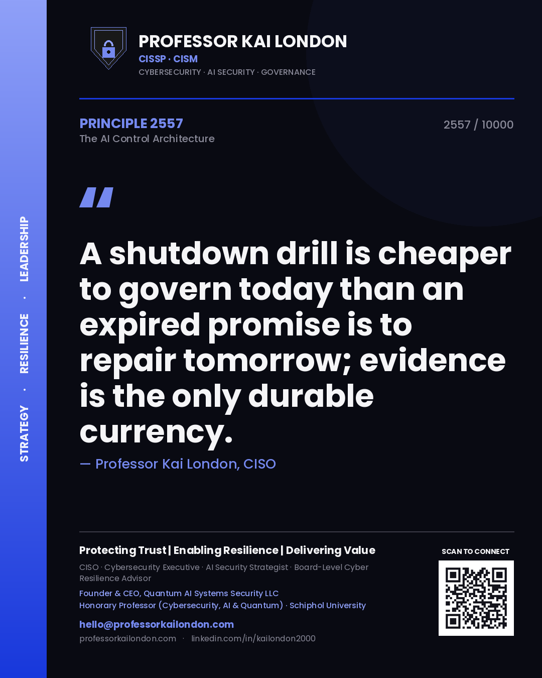 Quote card by Professor Kai London reading 'A shutdown drill is cheaper to govern today than an expired promise is to repair tomorrow; evidence is the only durable currency.'. From the book The AI Control Architecture.