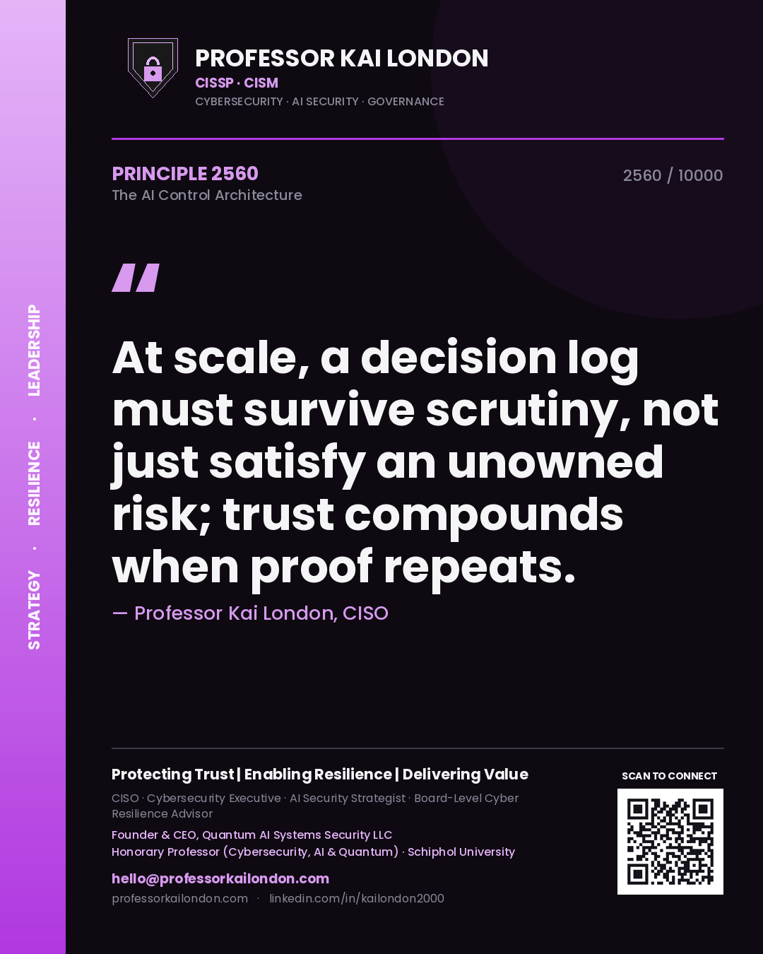 Quote card by Professor Kai London reading 'At scale, a decision log must survive scrutiny, not just satisfy an unowned risk; trust compounds when proof repeats.'. From the book The AI Control Architecture.