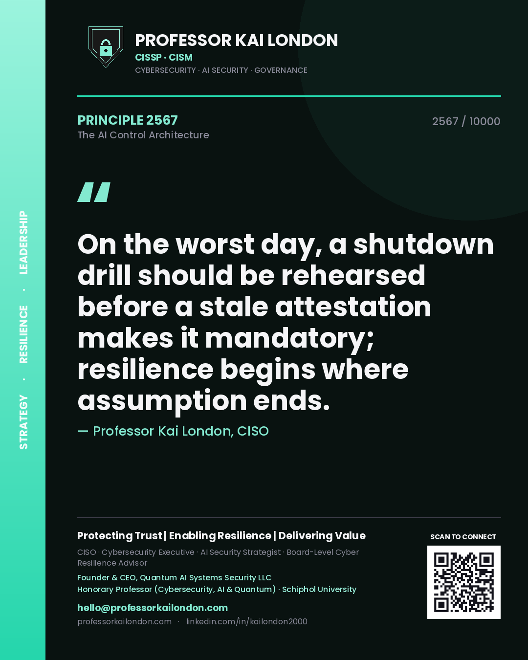 Quote card by Professor Kai London reading 'On the worst day, a shutdown drill should be rehearsed before a stale attestation makes it mandatory; resilience begins where assumption ends.'. From the book The AI Control Architecture.