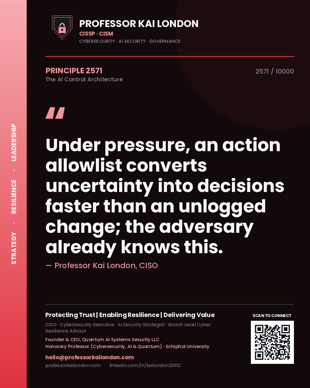 Quote card by Professor Kai London reading 'Under pressure, an action allowlist converts uncertainty into decisions faster than an unlogged change; the adversary already knows this.'. From the book The AI Control Architecture.