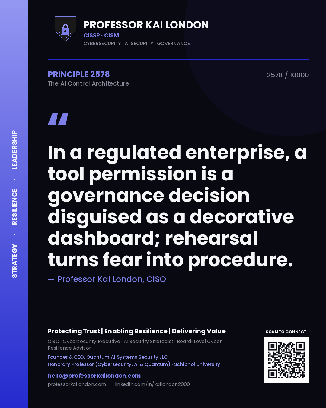 Professor Kai London principle 2578: In a regulated enterprise, a tool permission is a governance decision disguised as a decorative dashboard; rehearsal turns fear into procedure.