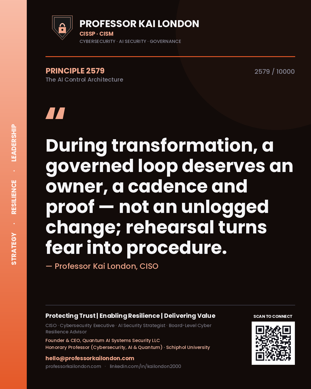 Professor Kai London principle 2579: During transformation, a governed loop deserves an owner, a cadence and proof — not an unlogged change; rehearsal turns fear into procedure.