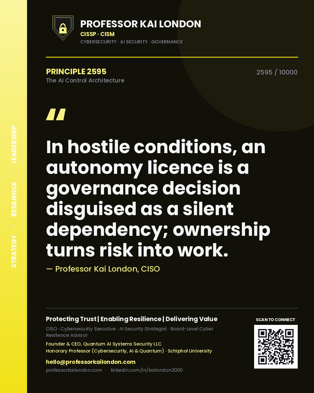 Quote card by Professor Kai London reading 'In hostile conditions, an autonomy licence is a governance decision disguised as a silent dependency; ownership turns risk into work.'. From the book The AI Control Architecture.